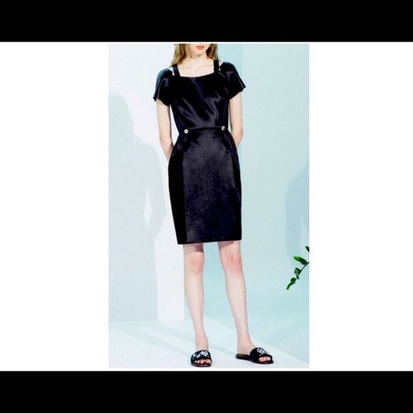 CREATURES of the WIND $1400 Demilo Fitted Satin Sheath Dress LBD Military Square - Picture 1 of 10